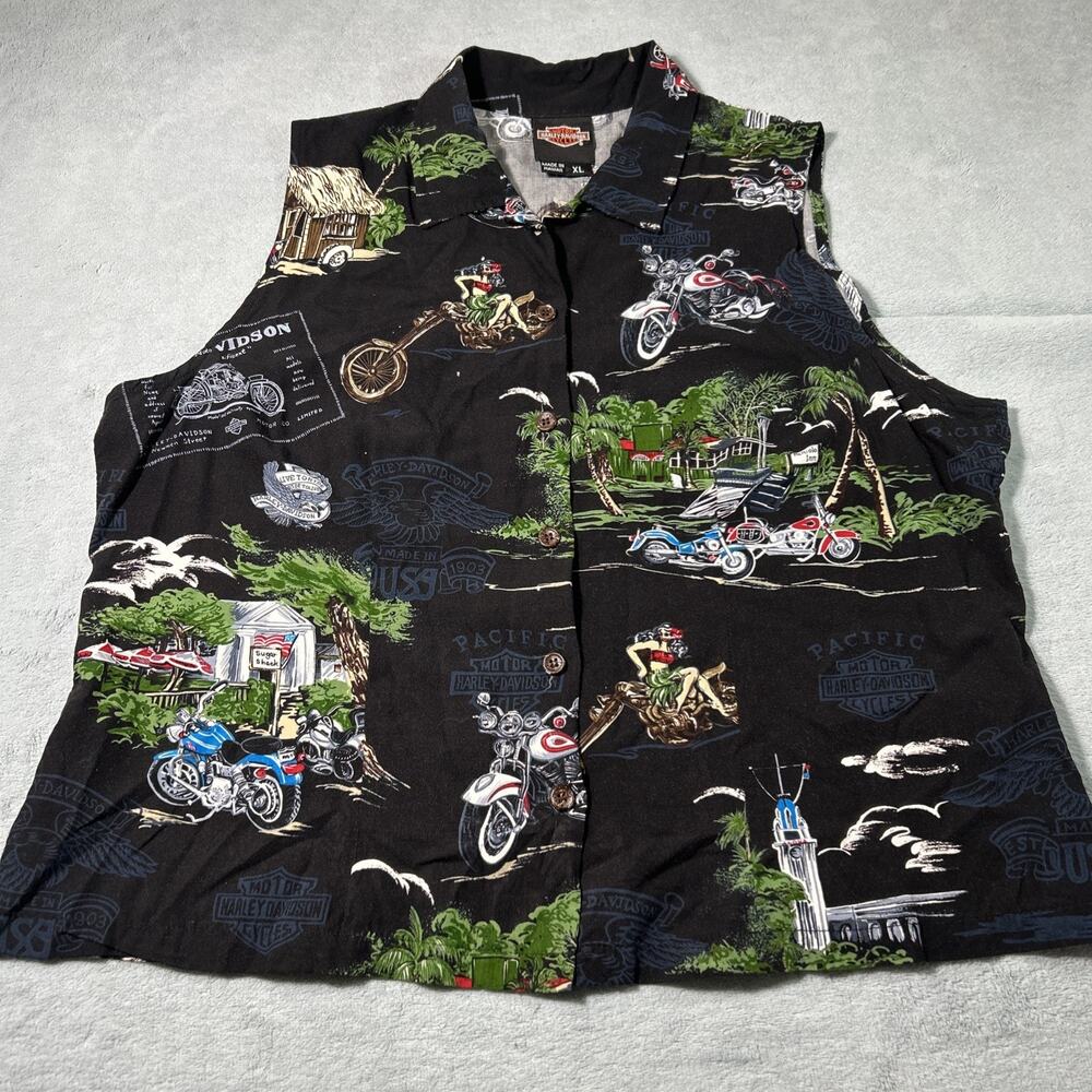 Harley Davidson Vest Button Up Shirt Ws XL Sleeveless Top Hawaiian Beach Babe